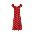 Beautiful temperament red grid square neck waist dress