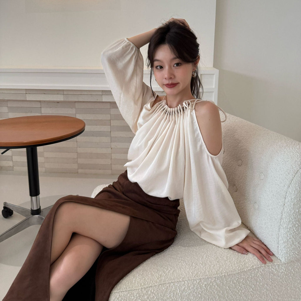Temperament off-the-shoulder neck long-sleeved shirt women's loose doll shirt