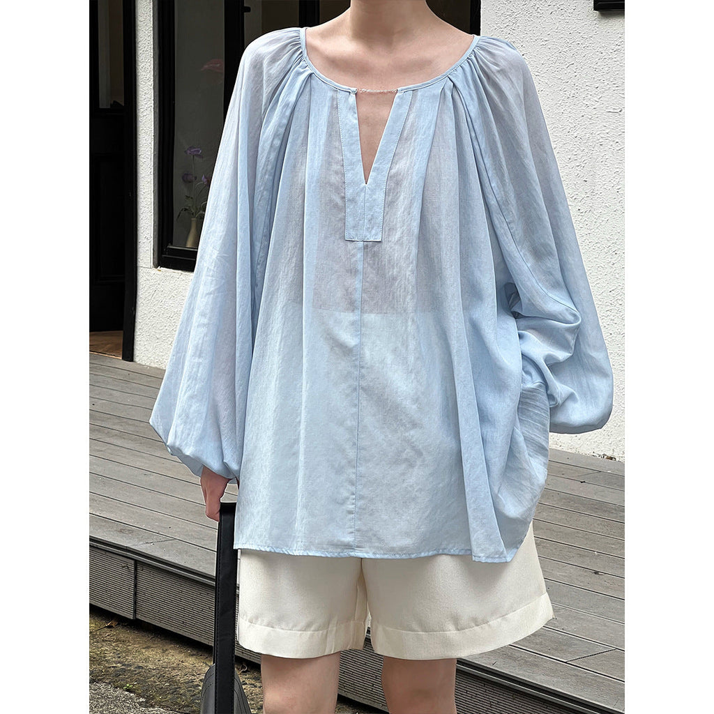 French double V-neck chain design lantern sleeve