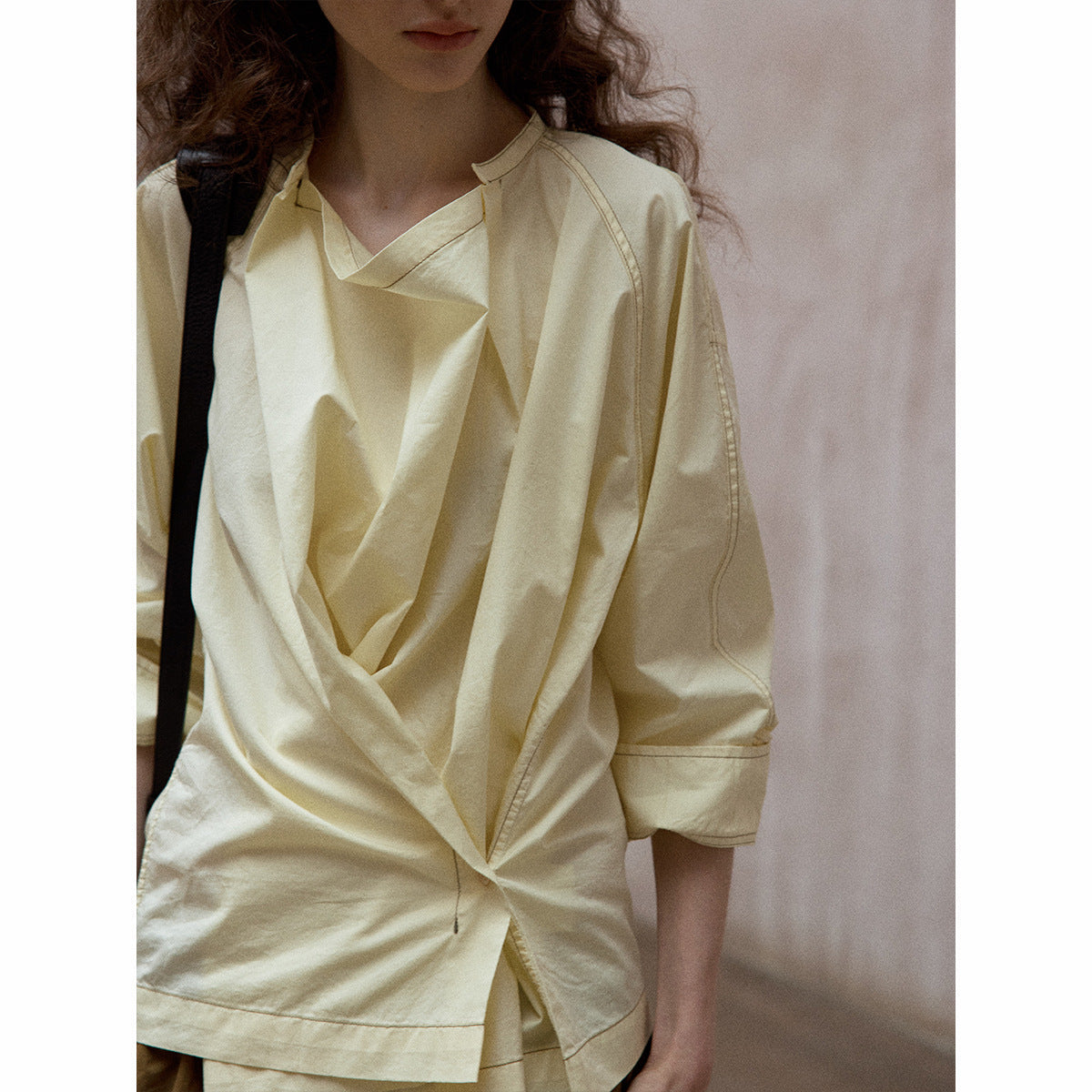 Swinging neck pleated irregular shirt daily commute versatile design long-sleeved top