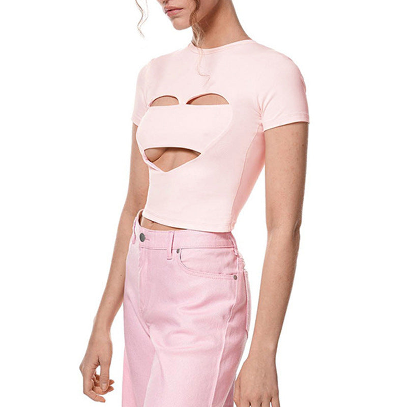 T-shirt short sleeve ripped sexy crew neck slim top bottoming shirt slim fit