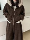 Slack, lazy, fur-collared sweatshirt, jacket, scimitar, wide-leg pants, women's winter wool fleece casual suit 2153