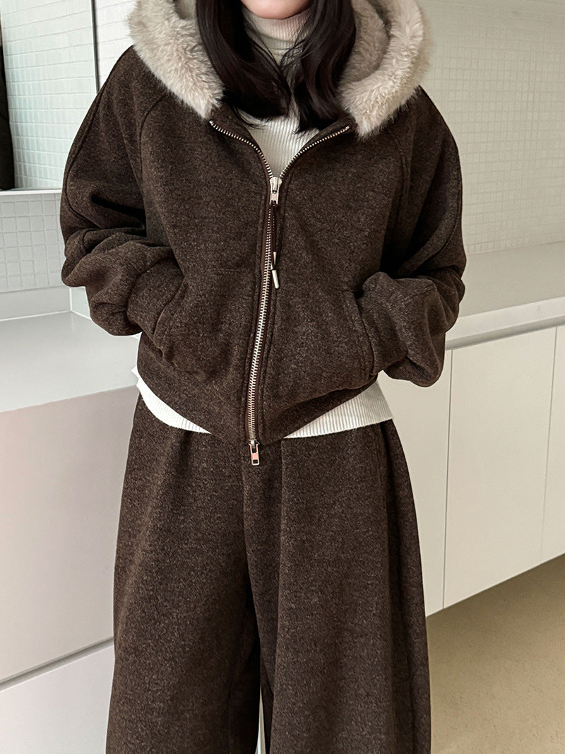 Slack, lazy, fur-collared sweatshirt, jacket, scimitar, wide-leg pants, women's winter wool fleece casual suit 2153