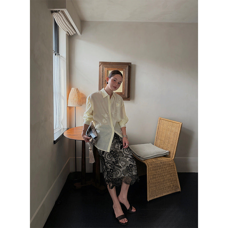 Early spring French celebrity stunning high waist temperament hollow lace skirt