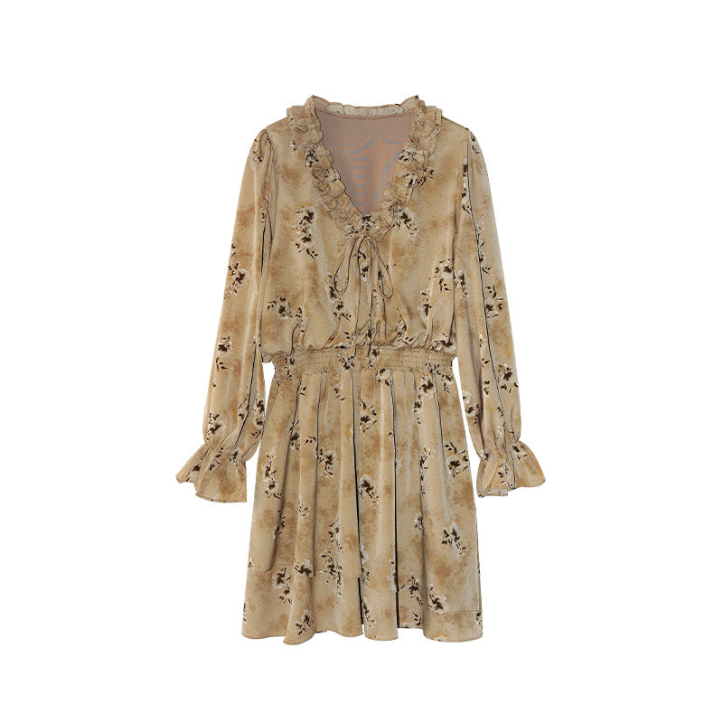 Pastoral holiday style fungus edge v-neck waist floral dress