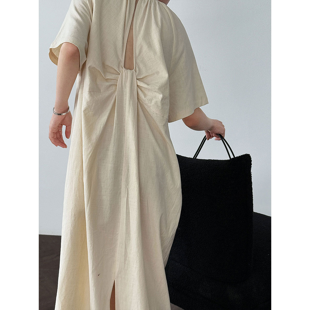 Korean style minimalist backless twist knot relaxed fit maxi dress - new summer collection, loose cotton linen dress
