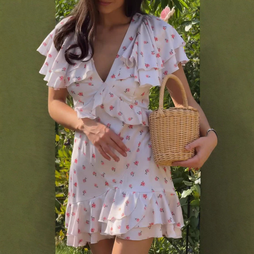 Fashion ruffle edge floral skirt waist dress