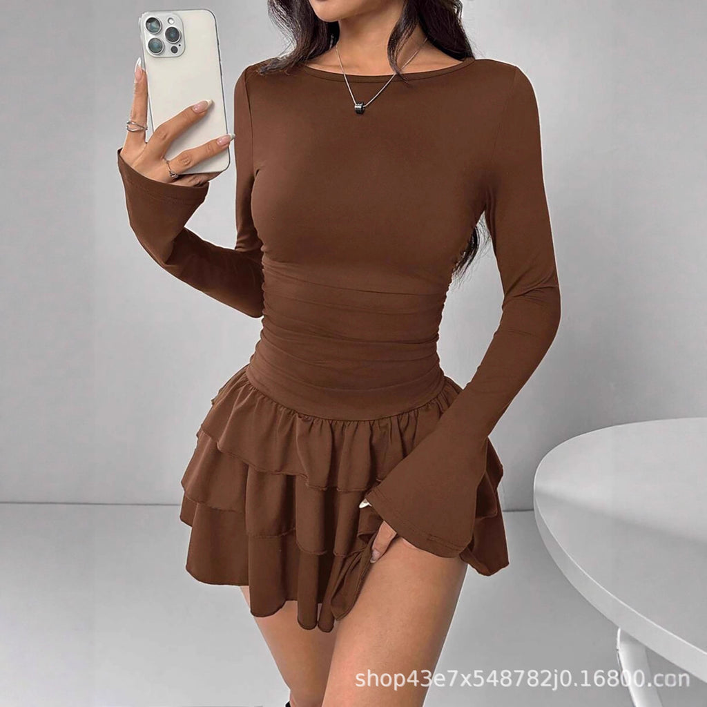 Slim Fit Midi Dress Women One-Shoulder Three-Quarter Sleeve Splicing
