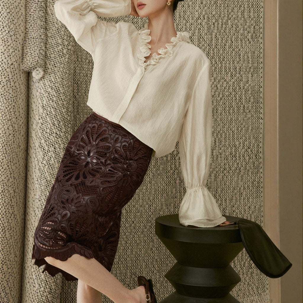 Spring and summer new romantic style luster cloud light satin fungus edge chicken heart collar light and slightly transparent shirt