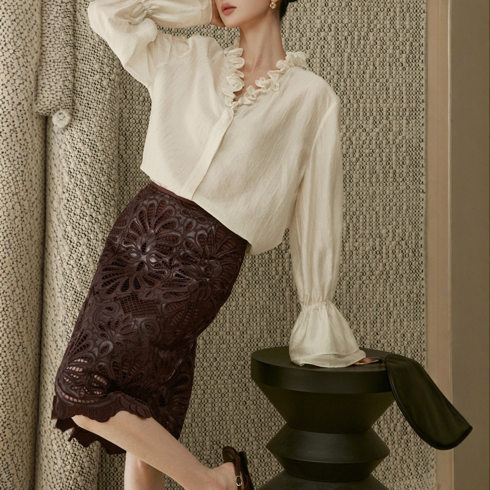 Spring and summer new romantic style luster cloud light satin fungus edge chicken heart collar light and slightly transparent shirt
