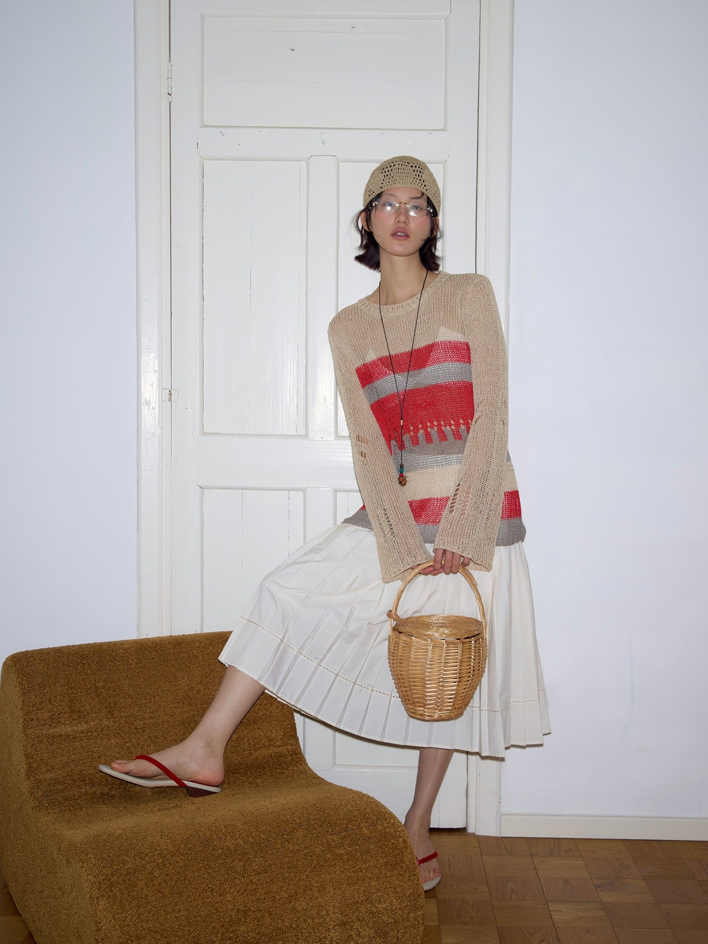 Contrasting color hollow sunscreen knitted sweater literary loose stacking top