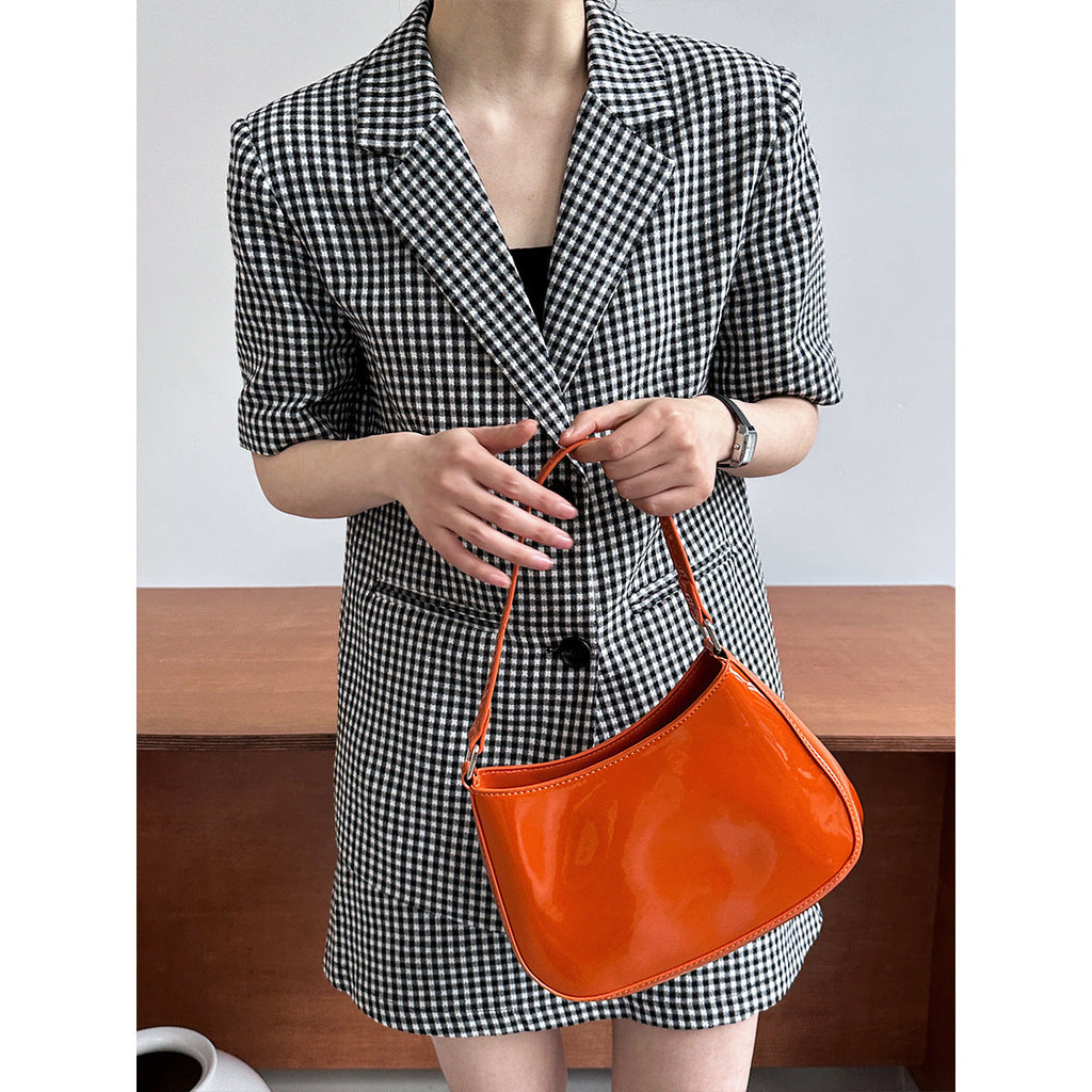 Plaid short-sleeve lightweight blazer + a-line skirt two-piece fashion commute set