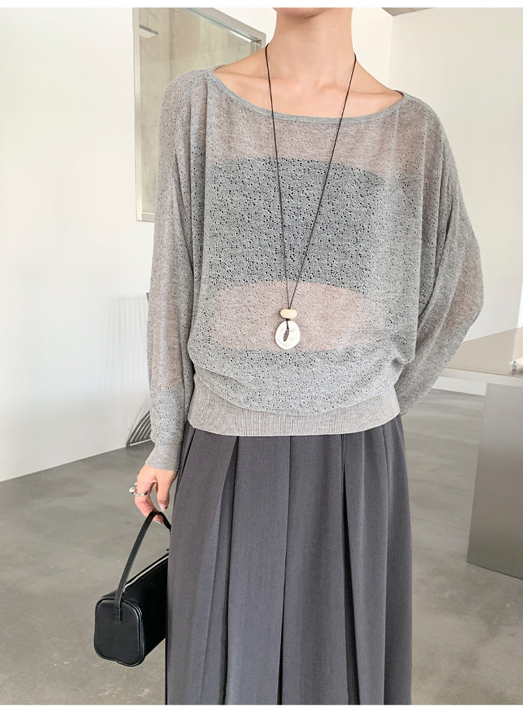 Spring and summer skin care thin one-word neck loose long-sleeved knitted blouse