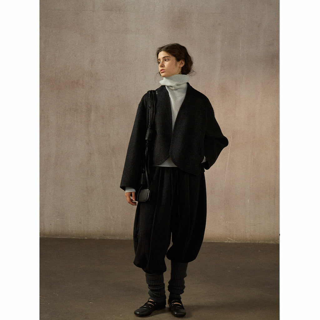 Natural warm wool simple commuter versatile cocoon-shaped truncated pocket double-sided jacket