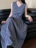 Blue plaid French dress women's spring and summer new V-neck bud vest skirt big swing dress