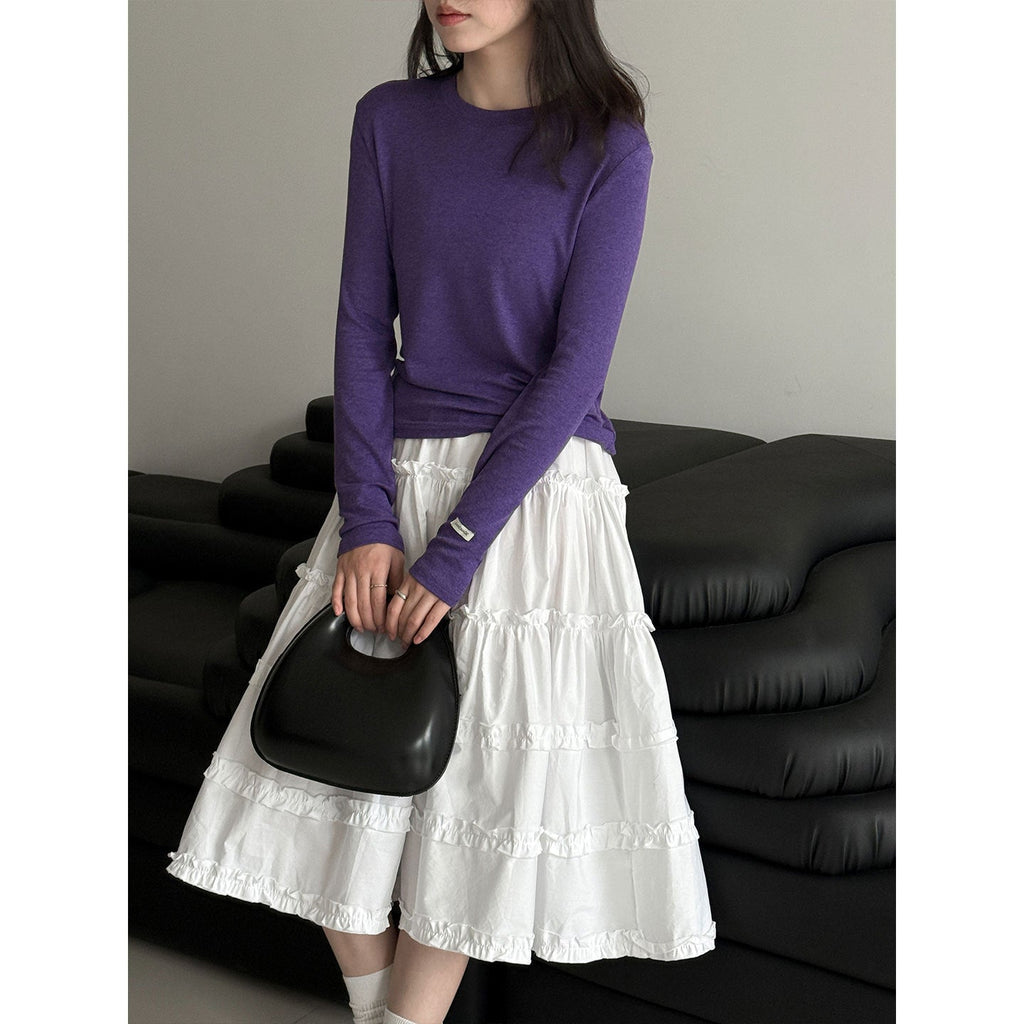 Soft waxy 28% Tencel wool loose high elastic long-sleeved bottoming shirt women's early spring simple inner T-shirt