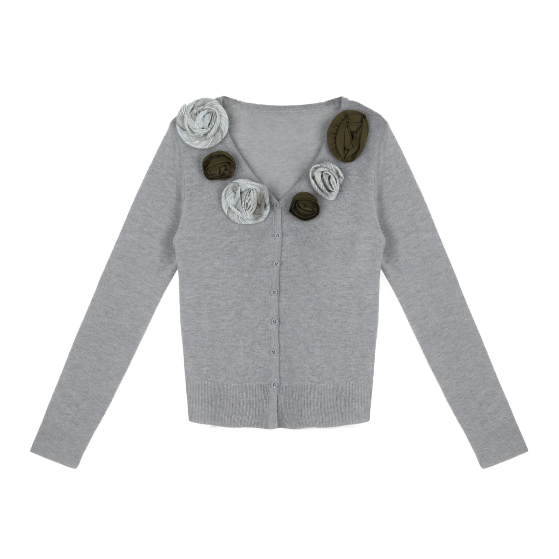 Three-dimensional rose linen cardigan V-neck knitted sweater top women [not machine washable]