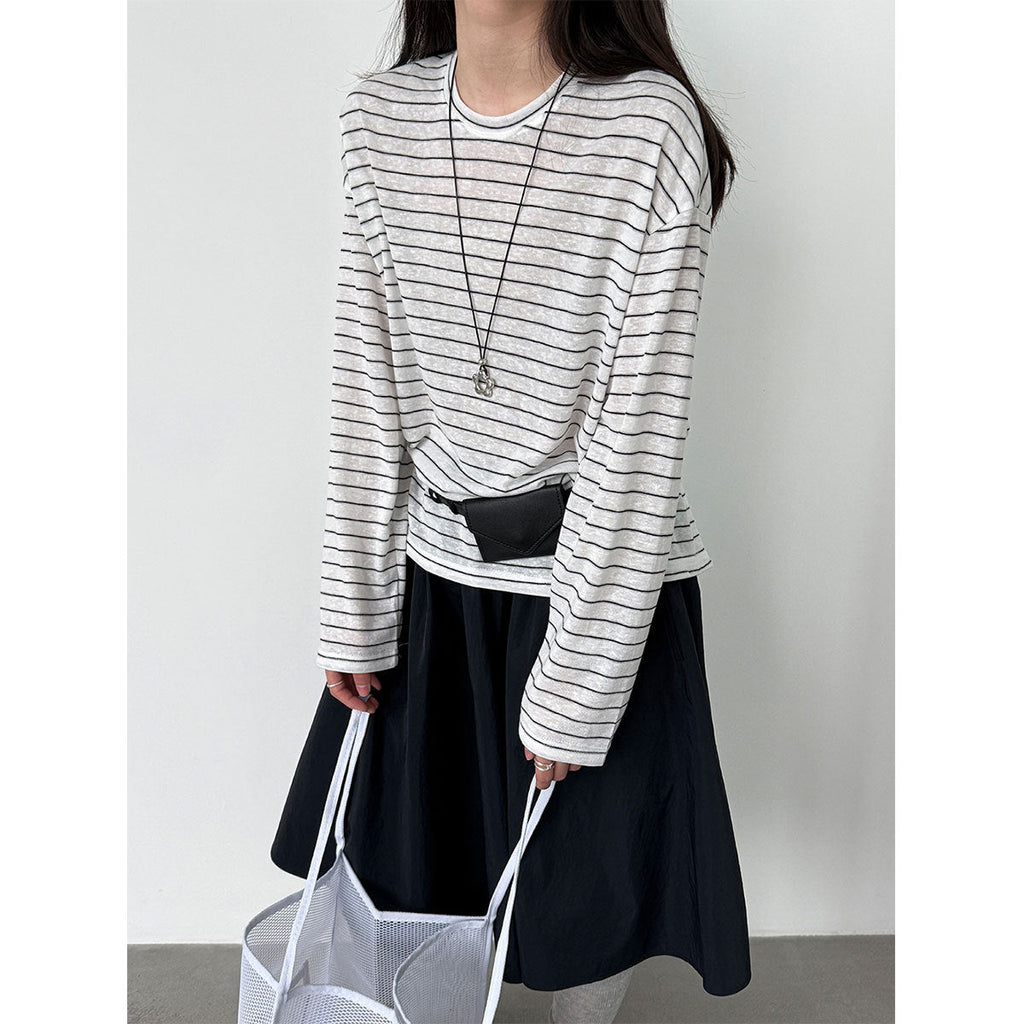 Simple lazy wind pinstripe crew neck loose top women's spring commuting long-sleeved T-shirt