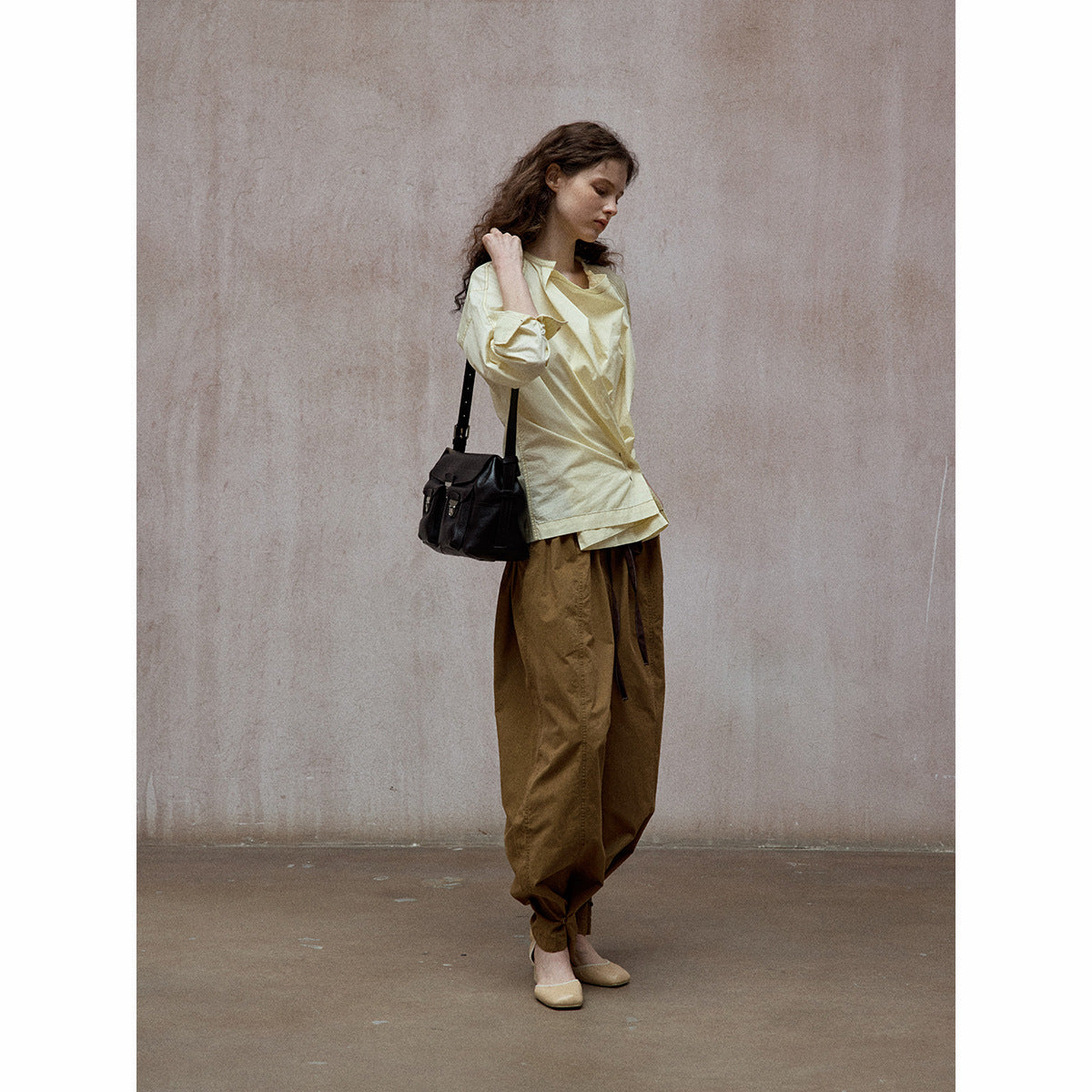 Swinging neck pleated irregular shirt daily commute versatile design long-sleeved top