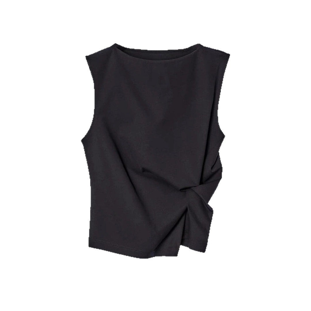 Summer Slim Fit Neck Grab Pleated Textured Vest Black Top
