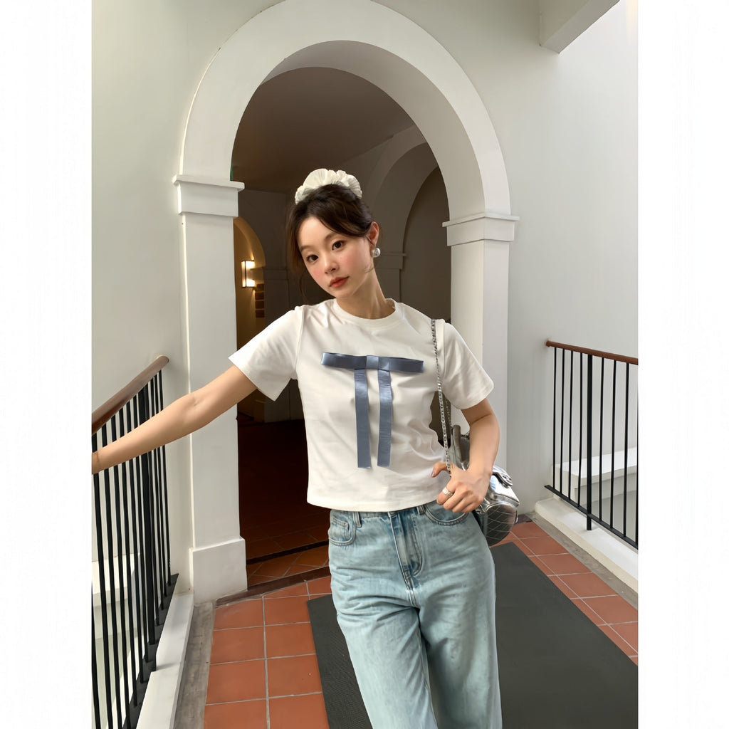 Early spring French slimming versatile slim bow short-sleeved T-shirt