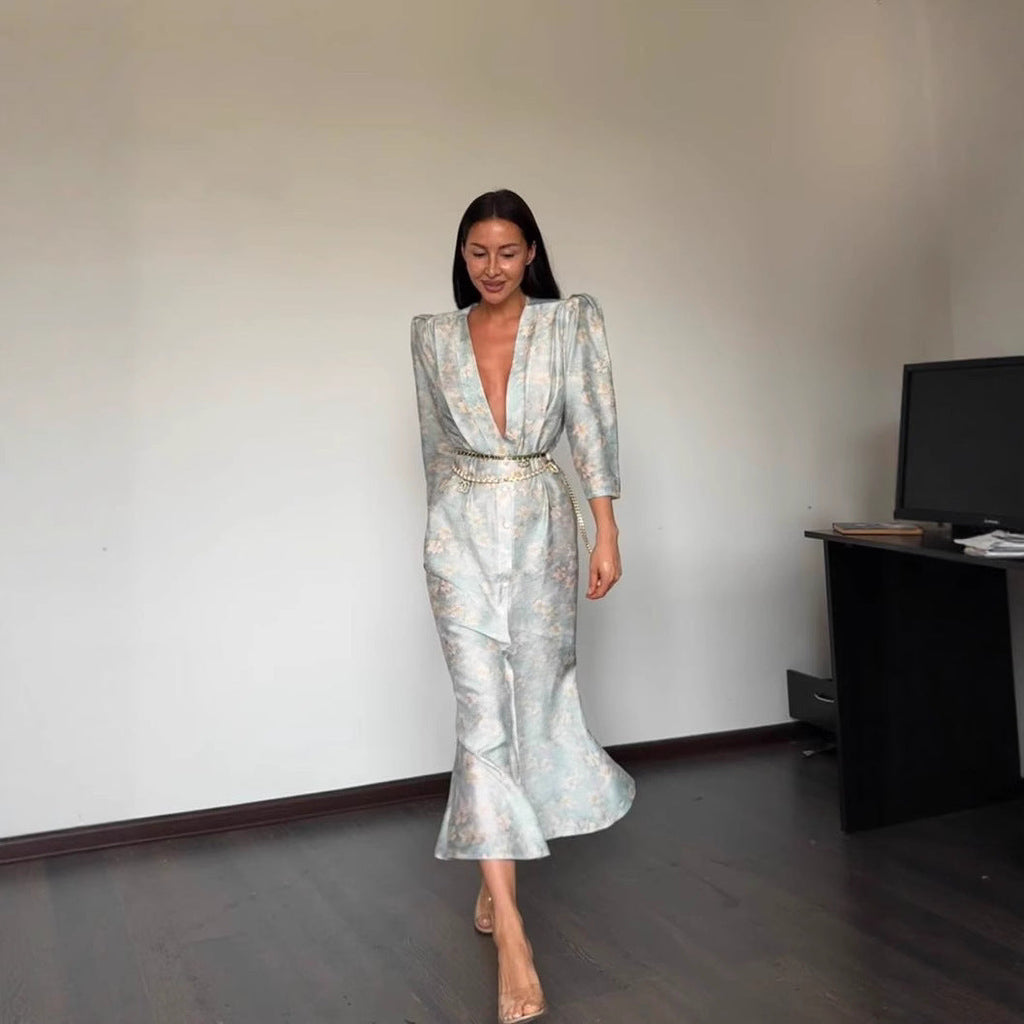 Sexy cardigan print skirt waist bubble sleeve split skirt fashion style dress
