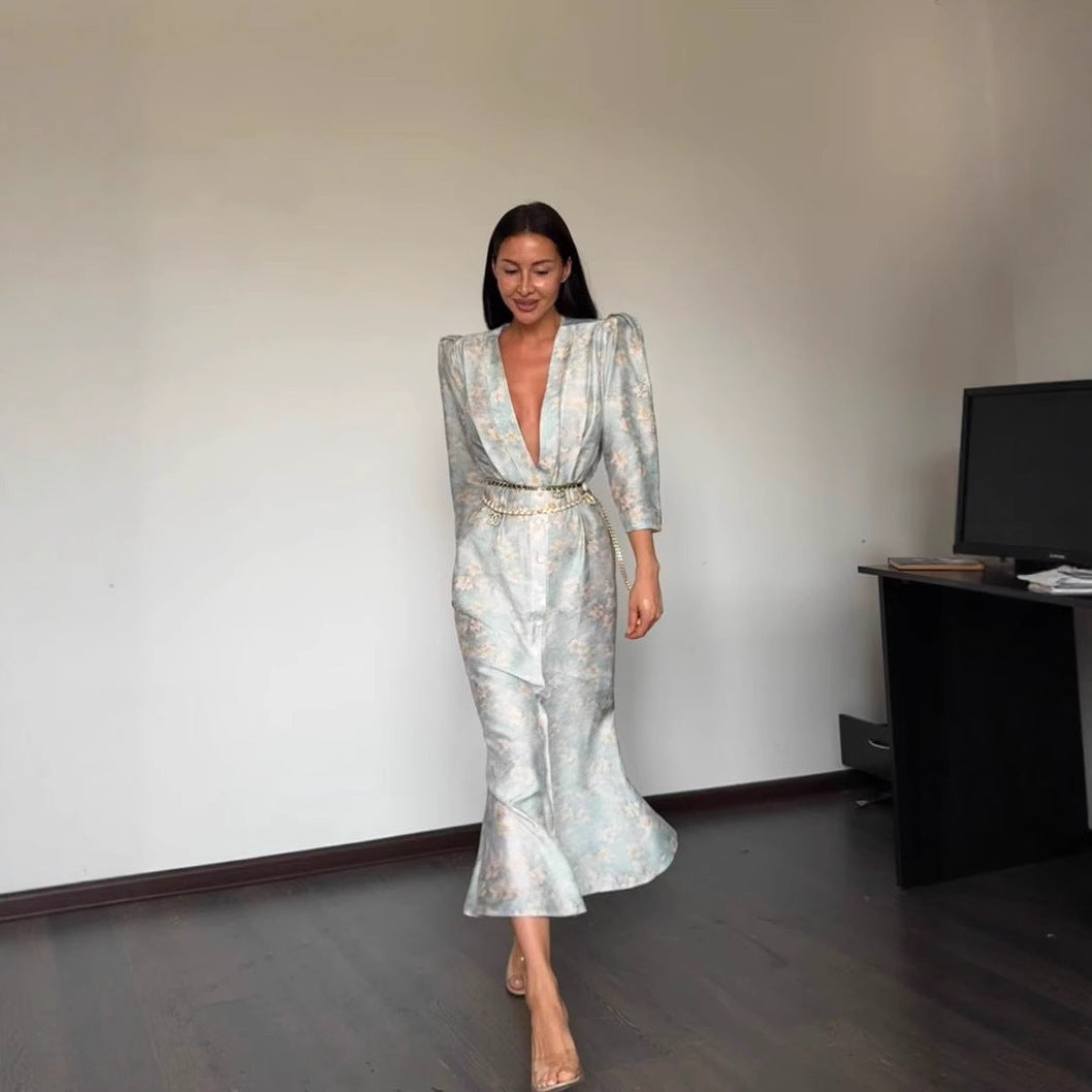 Sexy cardigan print skirt waist bubble sleeve split skirt fashion style dress