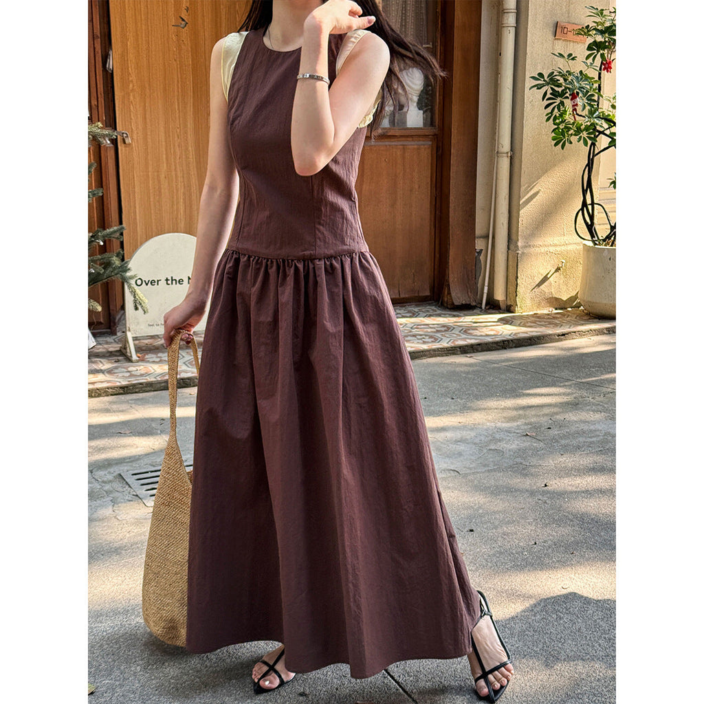 French classic cuff color matching vest skirt spring new waist and thin sleeveless dress