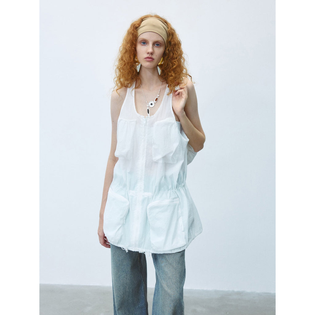 Summer new large U-neck nylon drawstring multi-pocket tooling vest