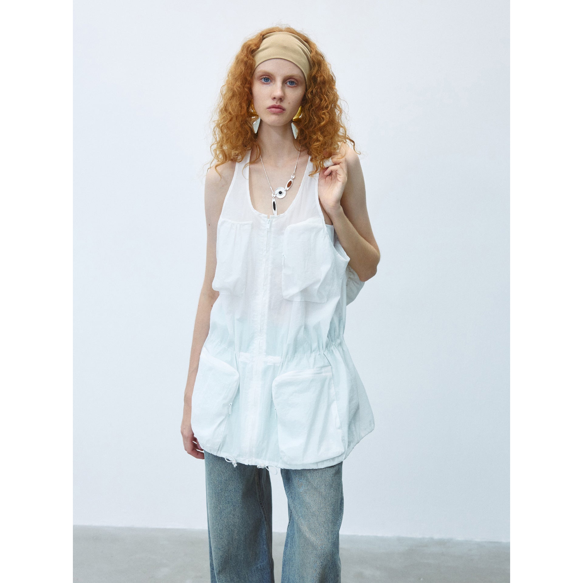 Summer new large U-neck nylon drawstring multi-pocket tooling vest