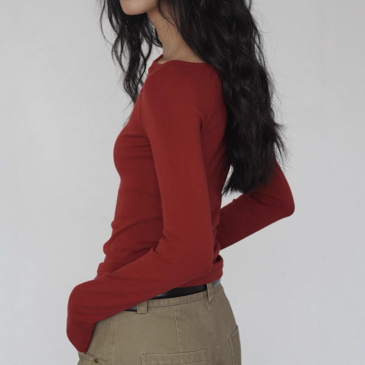 Red Asymmetric Cutout Long Sleeve Top | Slim Fit Spring Base Layer