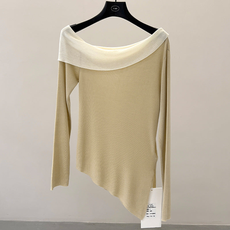 Design contrasting slanted shoulder knitted sweater spring irregular lyocell slim top