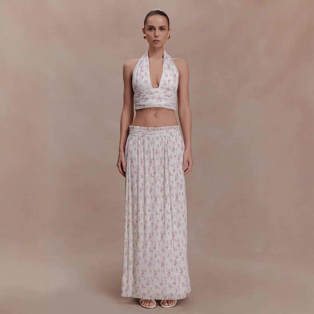 Sexy printed skirt set pleated deep V neck top skirt two-piece set