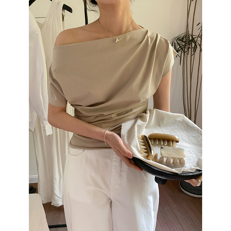 Slant shoulder three-dimensional pull-out pleated slim-fit design short-sleeved T-shirt women