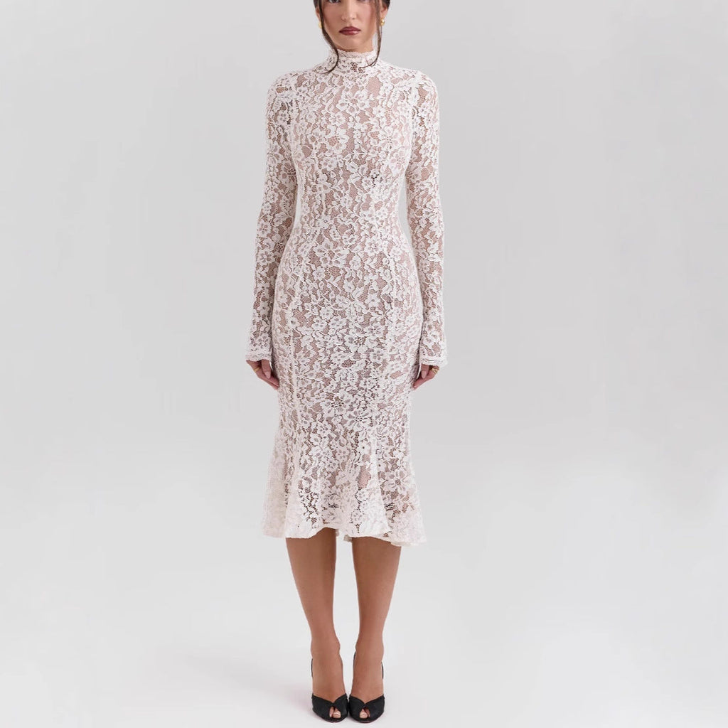 New women's clothing fashionable and sexy hollow lace hip-wrapped long dress perspective slim dress women