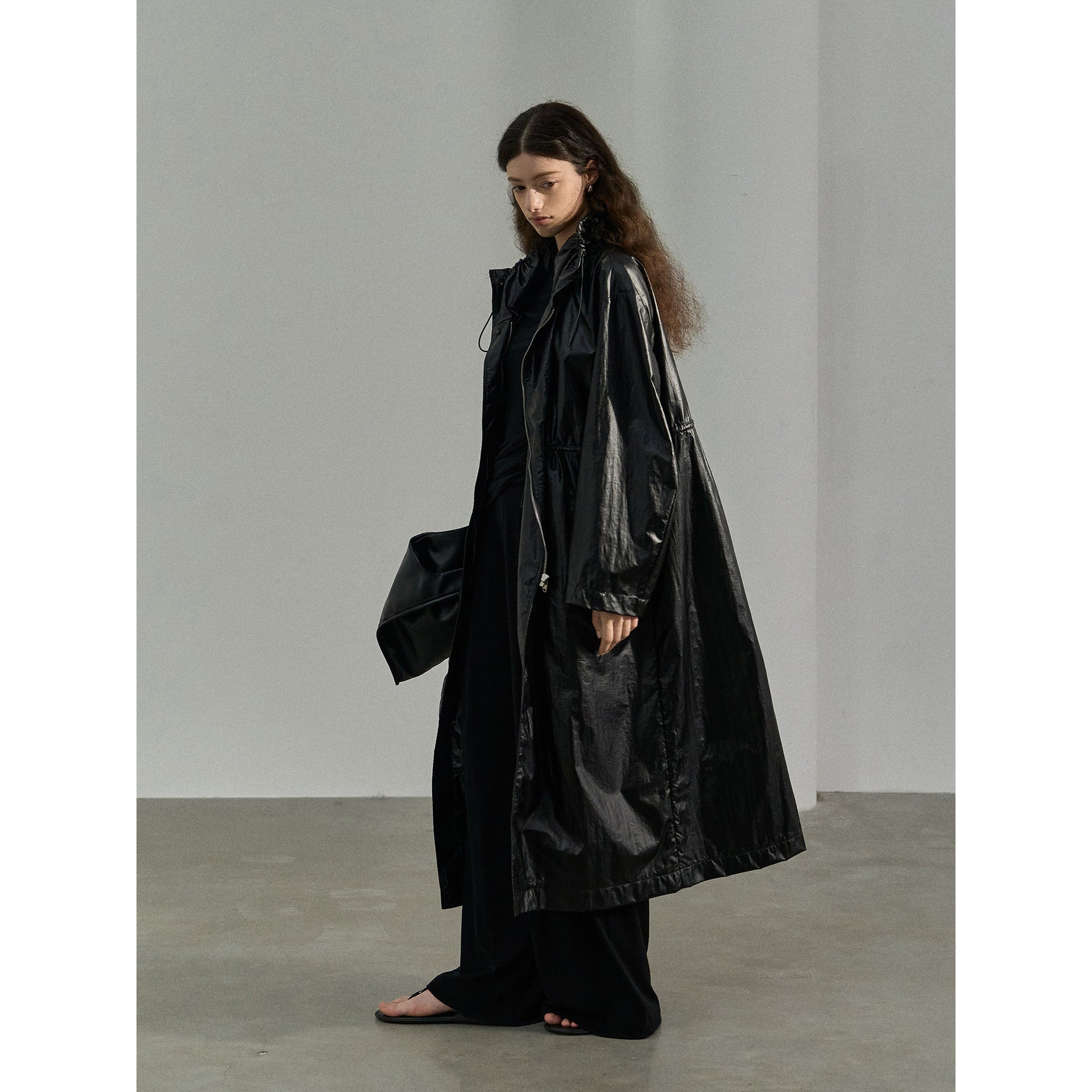 Autumn new commuter waterproof PU coated drawstring dark four-in-one buckle waist trench coat