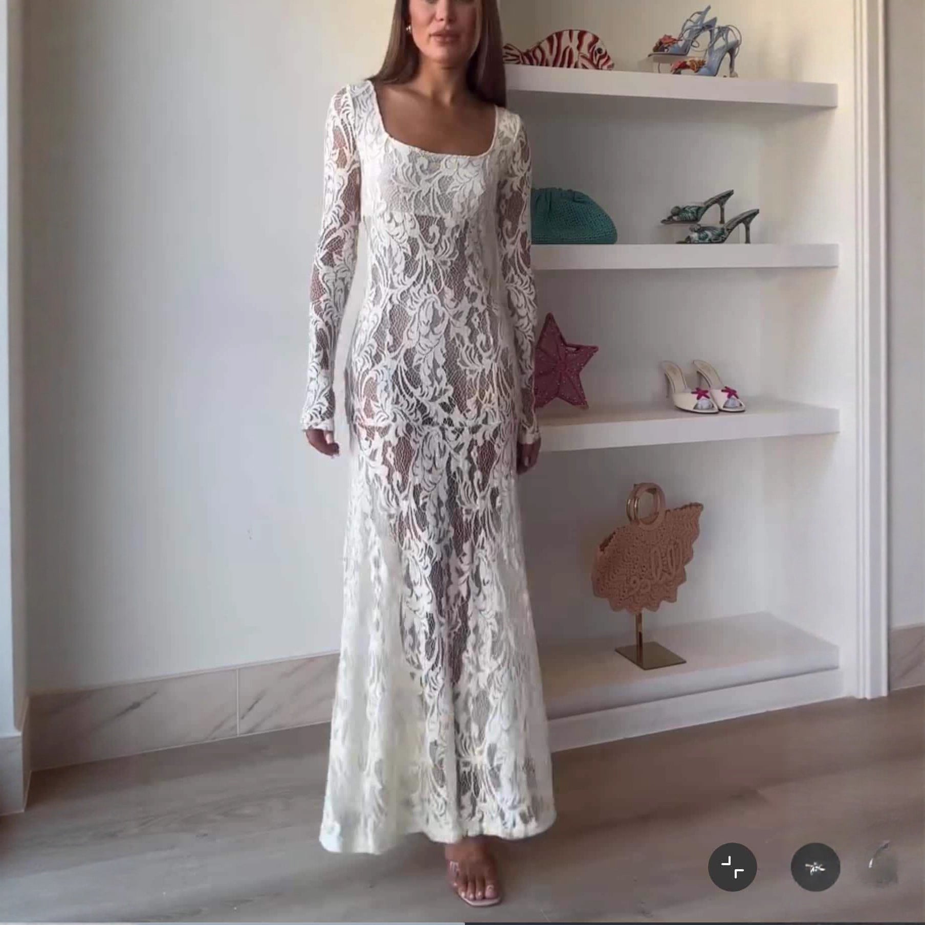 Fashion French sexy pure desire style lace dress hollow slim-fitting long-sleeved dress