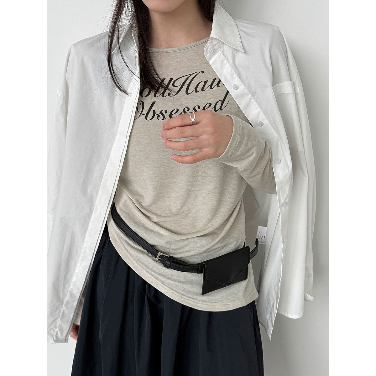 Irregular letter-printed slim-fit bottoming shirt Thin pleated Tencel wool long-sleeved T-shirt