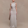 Fashion pleated diagonal neck neck knitted hip skirt backless sexy dress