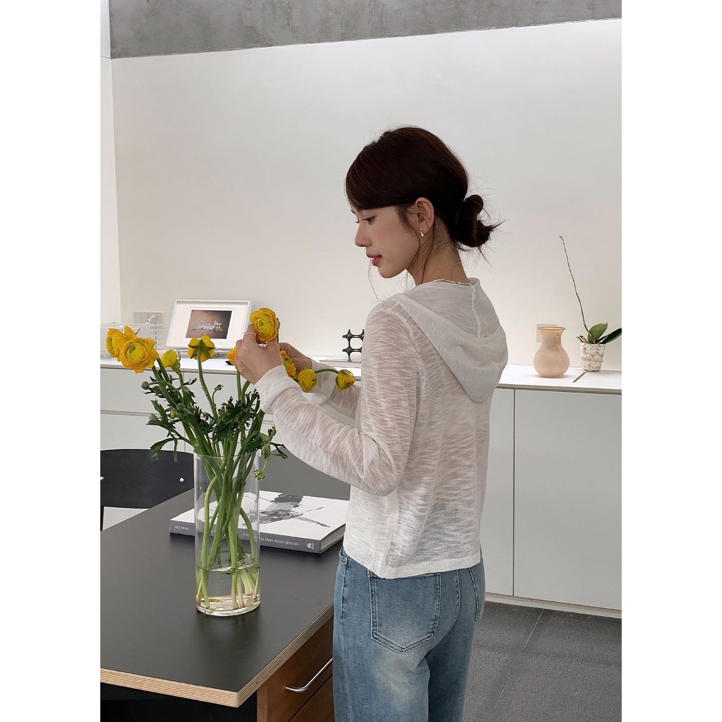 Hooded Fake Two-Piece Tencel Knit Pullover Sweater