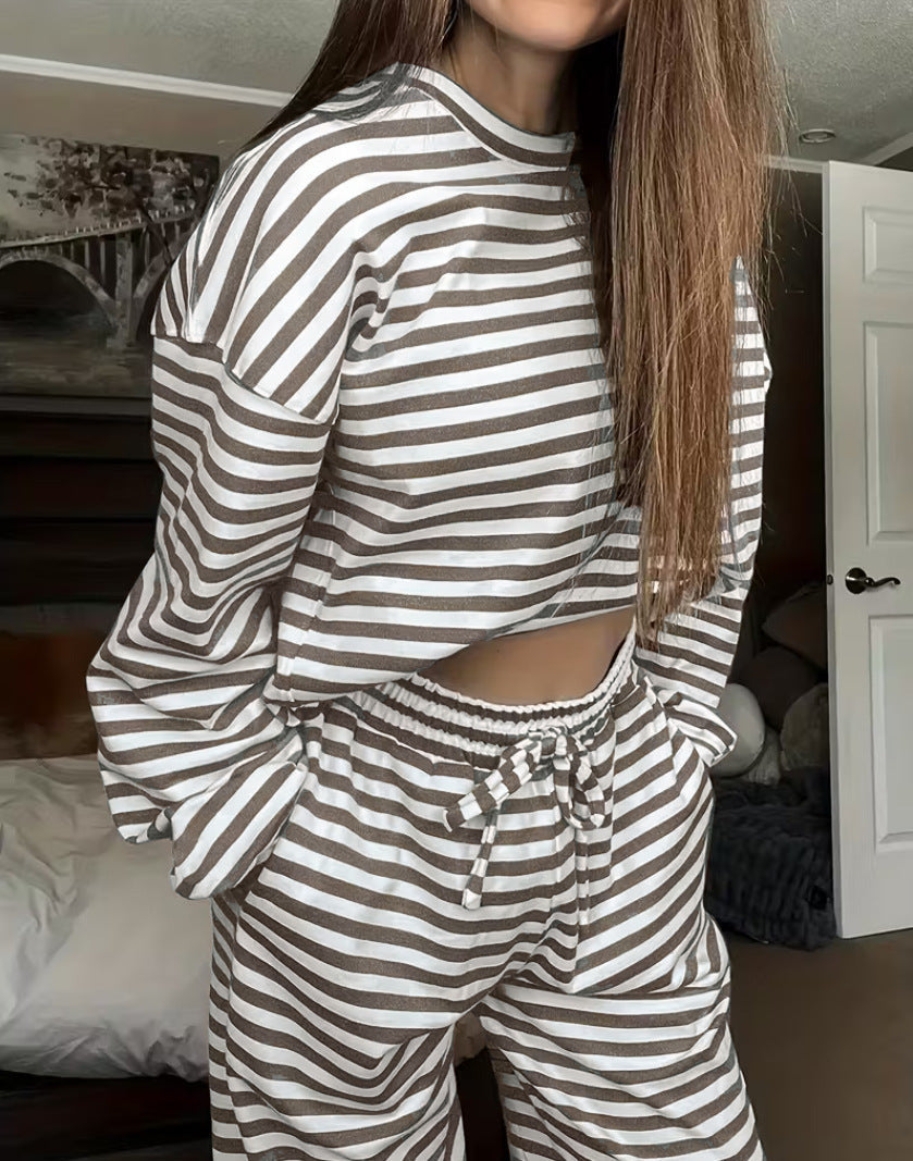 Striped Casual Two-Piece Set Women Long Sleeve Top High Waist Pants