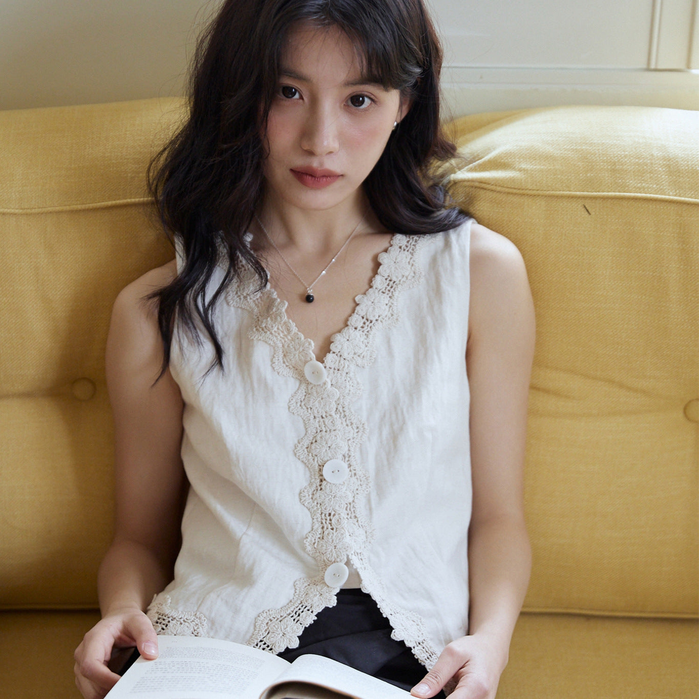 French apricot lace v-neck vest