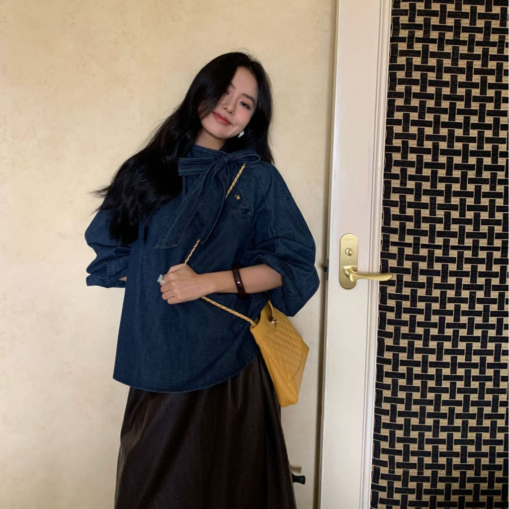 Stand-up collar loose and thin design denim shirt
