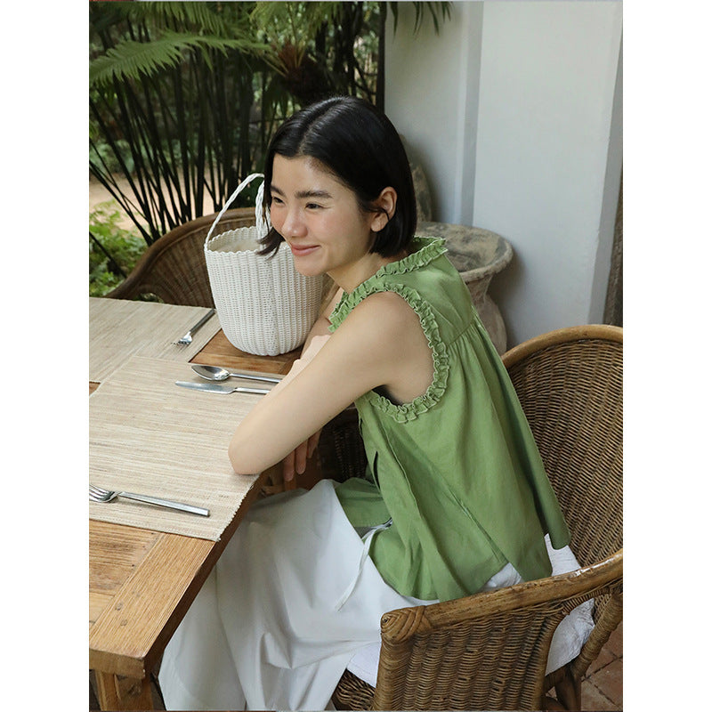 Lazy Crew Neck Fungus Lace Splicing Shirt Summer Sleeveless Vest