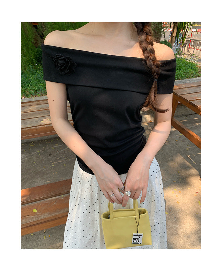 Women's Off-Shoulder Lotus-Leaf Sleeve Slim-Fit Cotton Top