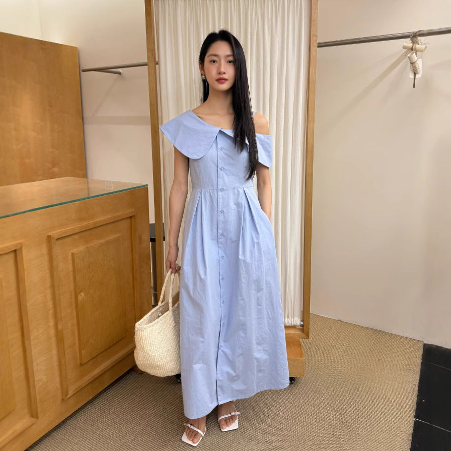 Temperament Single-breasted slanted neck ruffle edge off-the-shoulder dress