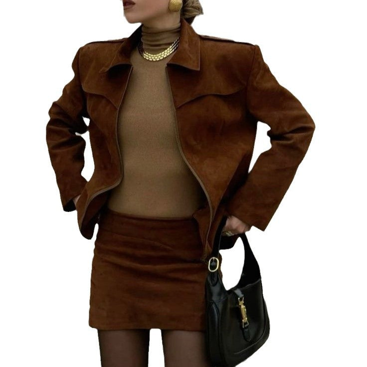 Vintage suede jacket with biker lapels cropped jacket