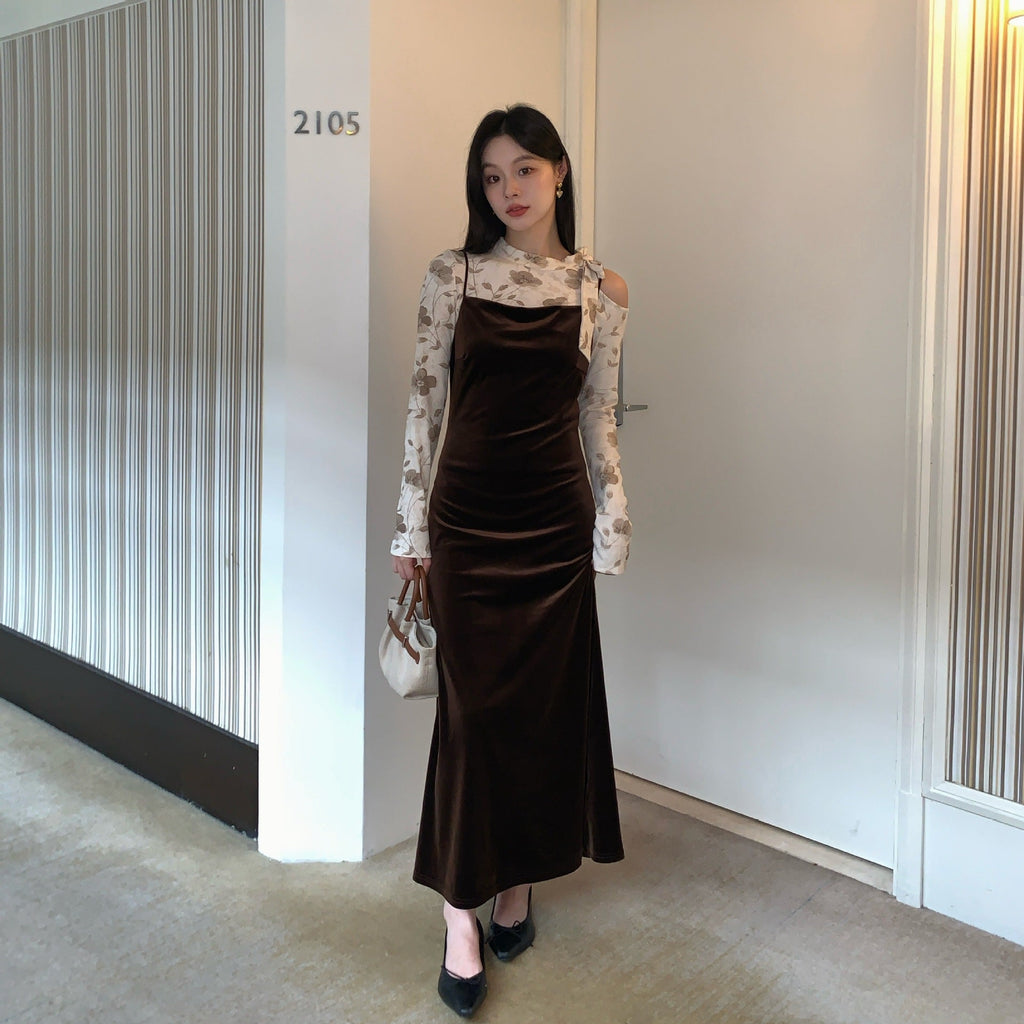 Vintage fashion slanted shoulder lace-up floral long-sleeved base shirt