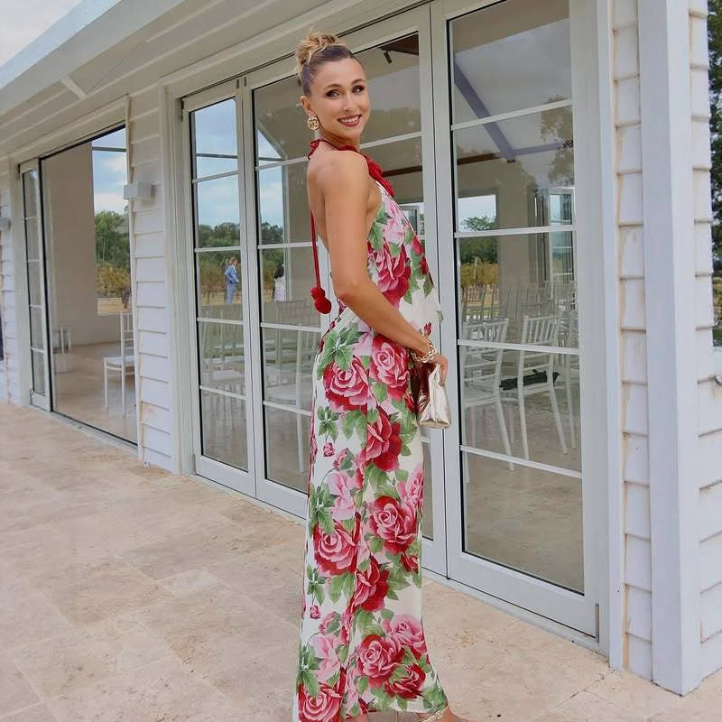 Fashionable resort style halterneck printed dress backless hot girl sexy dress