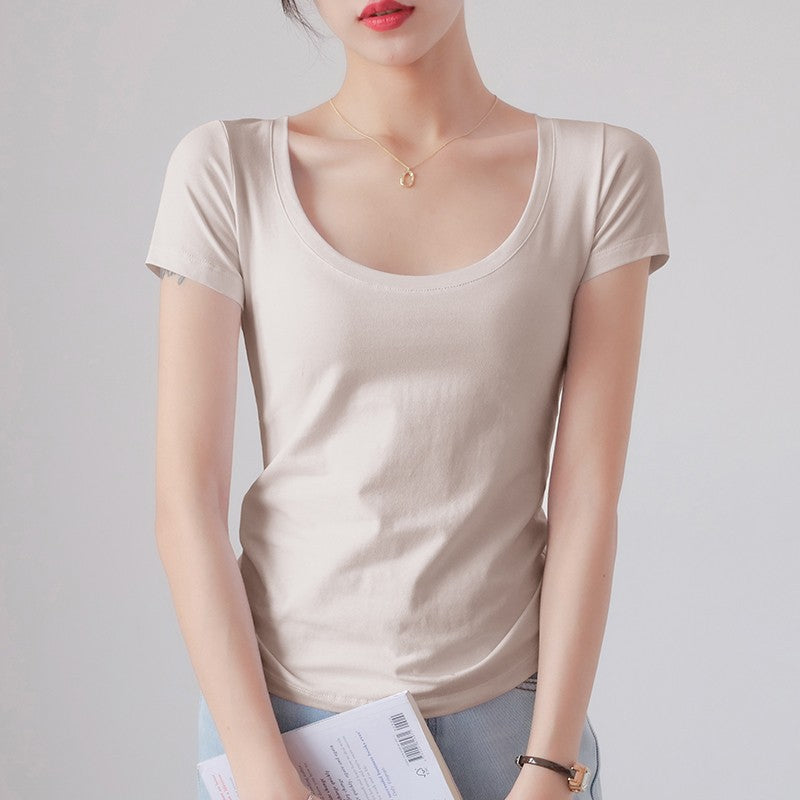 Round Neck Short Sleeve T-Shirt Women Slim Fit Cotton Base Layer Top